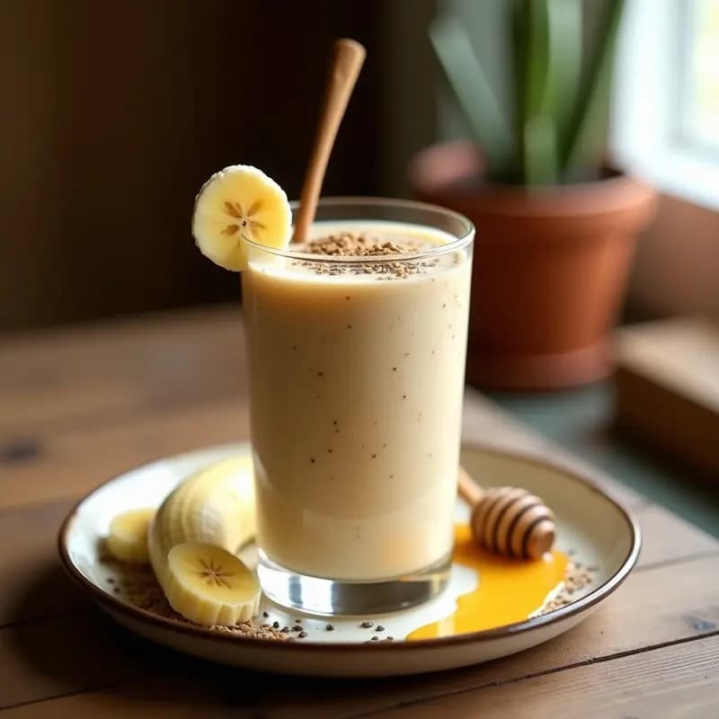 Vaso transparente con batido cremoso de avena nocturna, polvo de baobab y leche de camello, decorado con rodajas de plátano y semillas de chía, sobre una mesa de madera con fondo desenfocado.