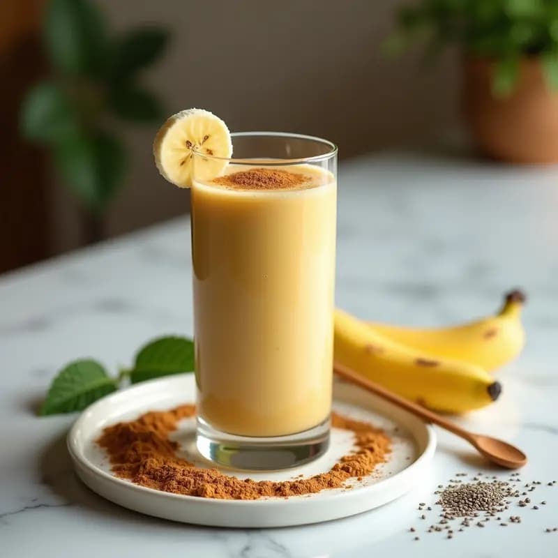 Vaso transparente alto con batido de avena cremoso en tonos beige, decorado con una espiral perfecta de canela en polvo que forma un patrón de telaraña dorada. Fondo claro con detalles de copos de avena y una pizca de polvo de hongos medicinales espolvoreado. Imagen estética y viral para redes sociales.
