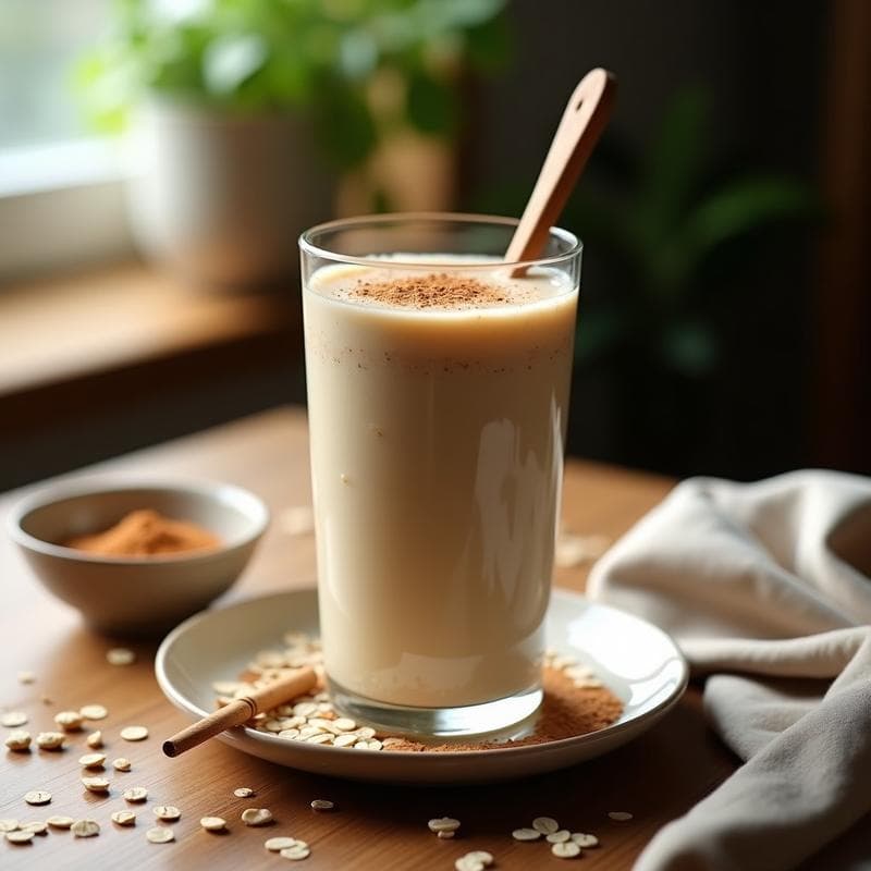 Vaso alto de cristal con batido cremoso de color beige claro, espolvoreado con canela en polvo, sobre una mesa de madera rústica. Al fondo, semillas de chía y copos de avena esparcidos, con una cuchara de madera sumergida en el batido. Receta de batido de avena nocturna con proteinada de cánamo y canela para ayuno intermitente.