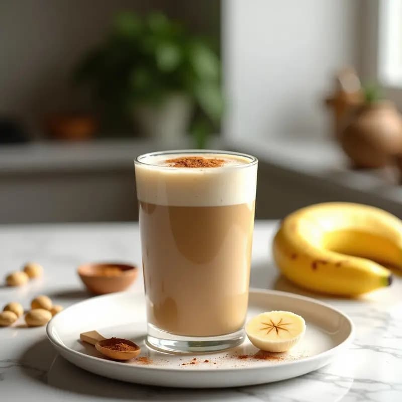 Vaso alto transparente con batido de banana y cacahuete con canela, espuma cremosa en la superficie y una pizca de canela espolvoreada. Fondo con plátanos y cacahuetes dispersos.