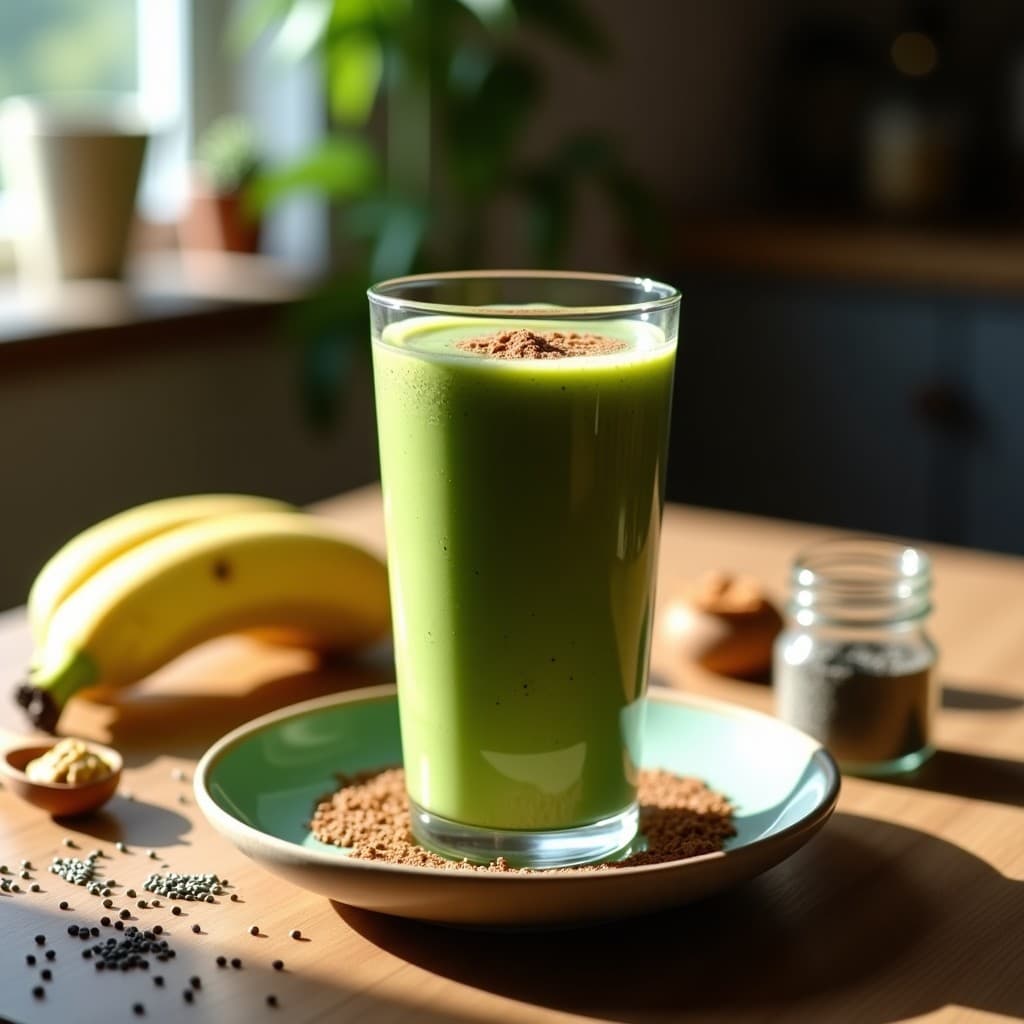 Vaso alto transparente con batido verde cremoso de banana, espirulina y mantequilla de cacahuete, decorado con semillas de chía y canela, sobre fondo de madera rústica con ingredientes dispersos.