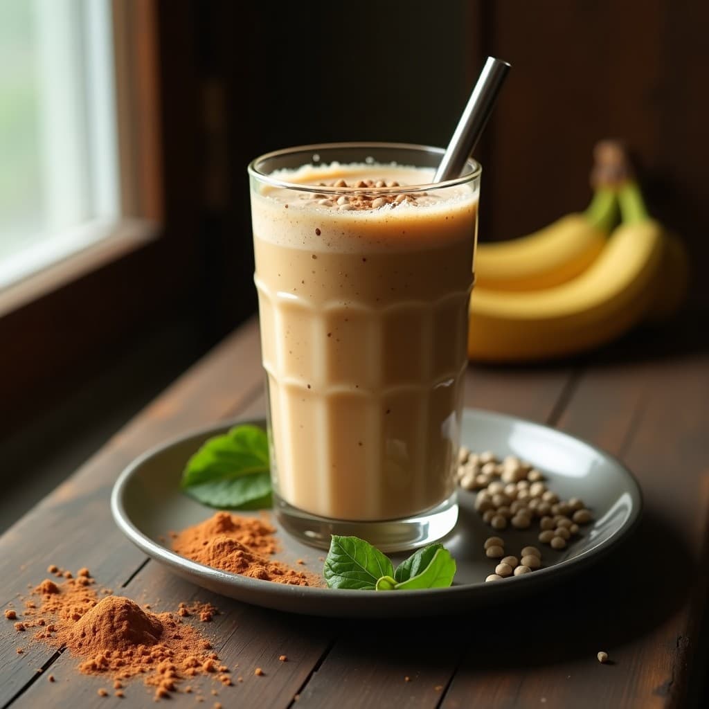 Vaso alto transparente con batido de baobab y leche de avellanas, de color beige claro con vetas doradas, decorado con semillas de chía y canela en polvo, sobre una mesa de madera rústica con hojas de plátano y avellanas enteras alrededor.