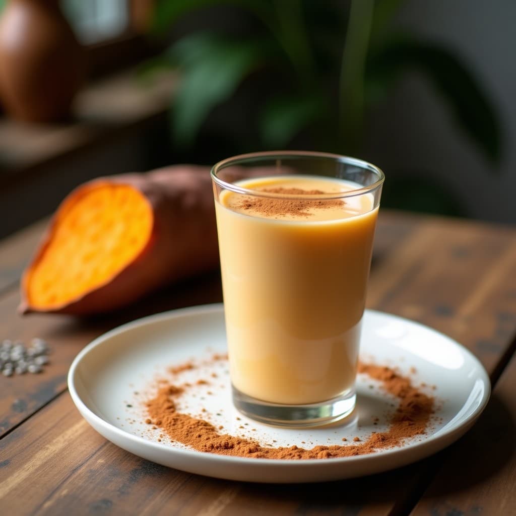 Vaso alto de cristal con batido cremoso de color naranja claro, decorado con un espolvoreado de canela en polvo. Al fondo, un boniato asado abierto y semillas de chía dispersas sobre una mesa de madera rústica. Receta de batido de boniato asado, canela y leche de almendras, desayuno vegano post-entreno.
