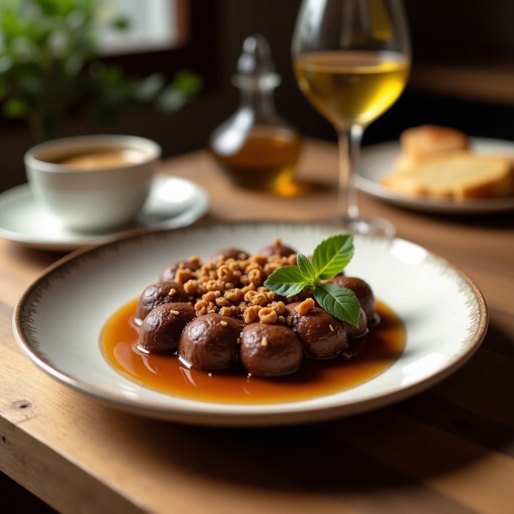 Vaso alto de cristal con batido de cacao puro y aceite de oliva, bebida griega energizante de color marrón oscuro, decorado con un hilo de aceite de oliva virgen extra y una pizca de canela en polvo sobre la superficie cremosa. Fondo rústico con elementos mediterráneos como aceitunas y hojas de olivo.