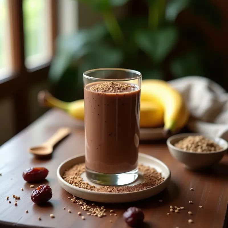 Vaso alto de cristal con batido de cacao crudo y plátano, espolvoreado con semillas de cáñamo y cacao en polvo, sobre una mesa de madera con ingredientes dispersos como plátano, dátiles y una cuchara de madera. Desayuno vegano alto en magnesio.