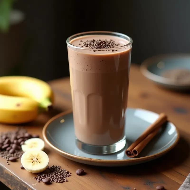 Vaso alto transparente con batido de cacao nibs y banana con leche de hemp, textura cremosa y espuma ligera, decorado con cacao nibs y semillas de chía, sobre fondo de madera rústica con ingredientes dispersos: plátano, cacao nibs y semillas de cáñamo.