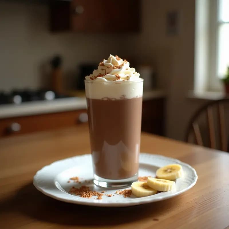 Vaso transparente alto con batido de cargo de cacao y plátano, capas visibles de color marrón oscuro y espuma de coco blanca y esponjosa en la parte superior, decorado con virutas de coco y cacao en polvo, sobre fondo claro con luz natural.