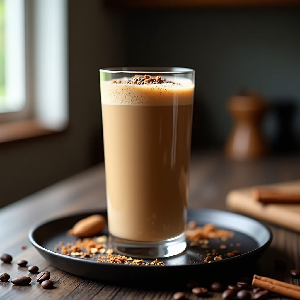 Vaso alto transparente con batido de café y avena sin azúcar, espeso y cremoso, decorado con semillas de chía y canela en polvo, sobre fondo oscuro con granos de café y copos de avena esparcidos, receta energética para pre-entreno.