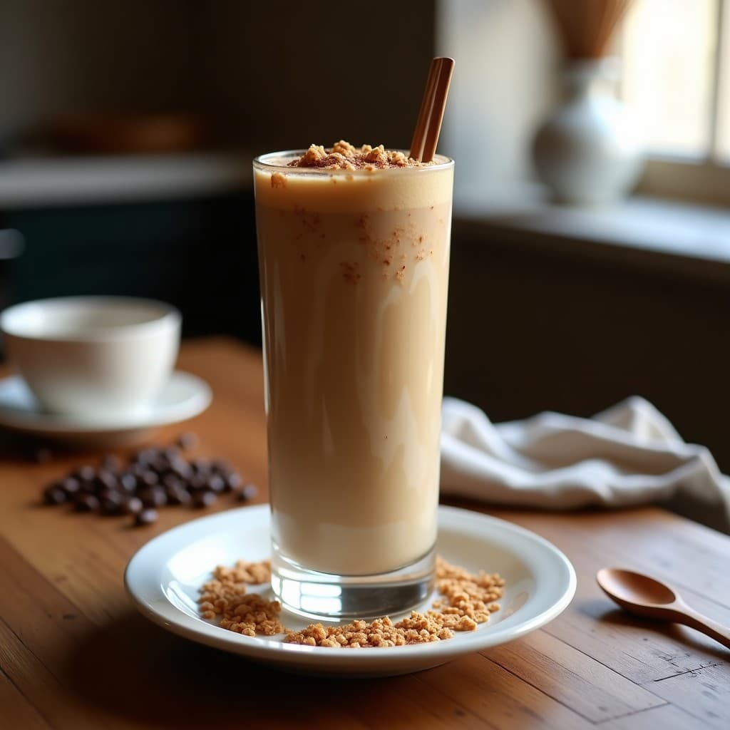 Vaso alto transparente con batido de café y avena espeso, color marrón claro con vetas cremosas, decorado con una pizca de canela y copos de avena tostados en la superficie. Fondo con granos de café y una cuchara de madera.