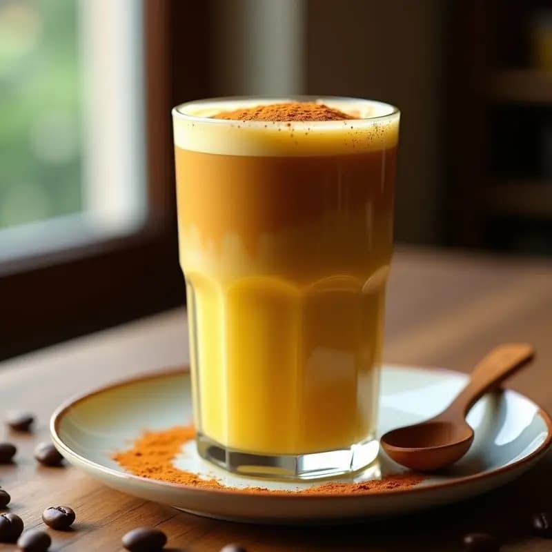 Vaso de cristal alto con batido de café y cúrcuma, leche de soja espumada en la superficie, espolvoreado con canela y cúrcuma en polvo, fondo con granos de café y una cuchara de madera, luz natural.