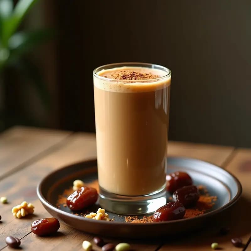 Vaso alto transparente con batido de café y dátiles con semillas de cárdeno, decorado con nueces picadas y un toque de canela en polvo, sobre fondo rústico de madera con granos de café y dátiles alrededor.