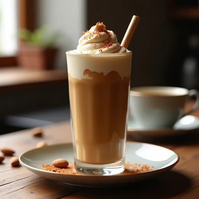 Vaso alto con batido de café frío espeso y cremoso, coronado con una bola de gelato de almendra keto sin azúcar, decorado con canela en polvo y virutas de almendra tostada sobre fondo rústico de madera.