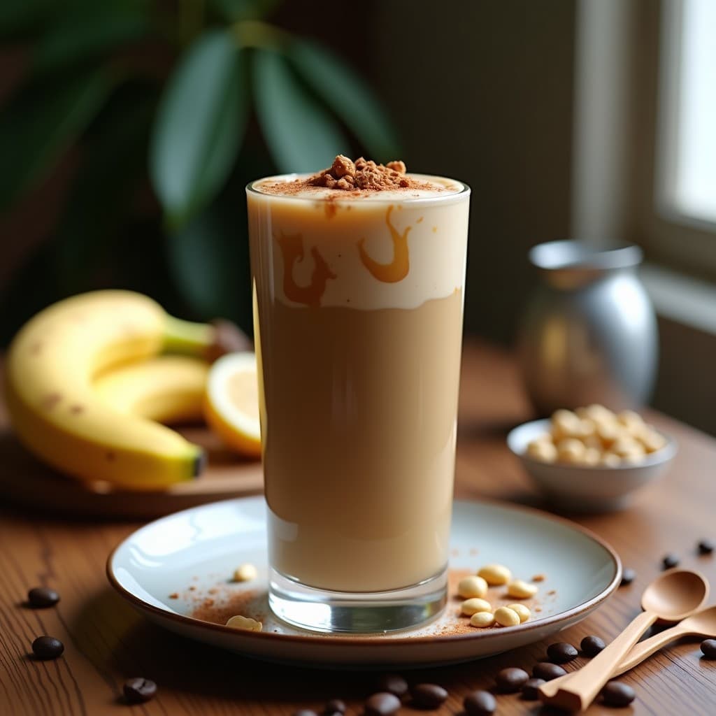 Vaso alto de cristal con batido de café helado keto, coronado con virutas de cacahuete tostado y un toque de canela en polvo. Textura cremosa y espumosa, con un fondo de granos de café y plátano en rodajas. Bebida energética perfecta para desayunos o post-entreno.