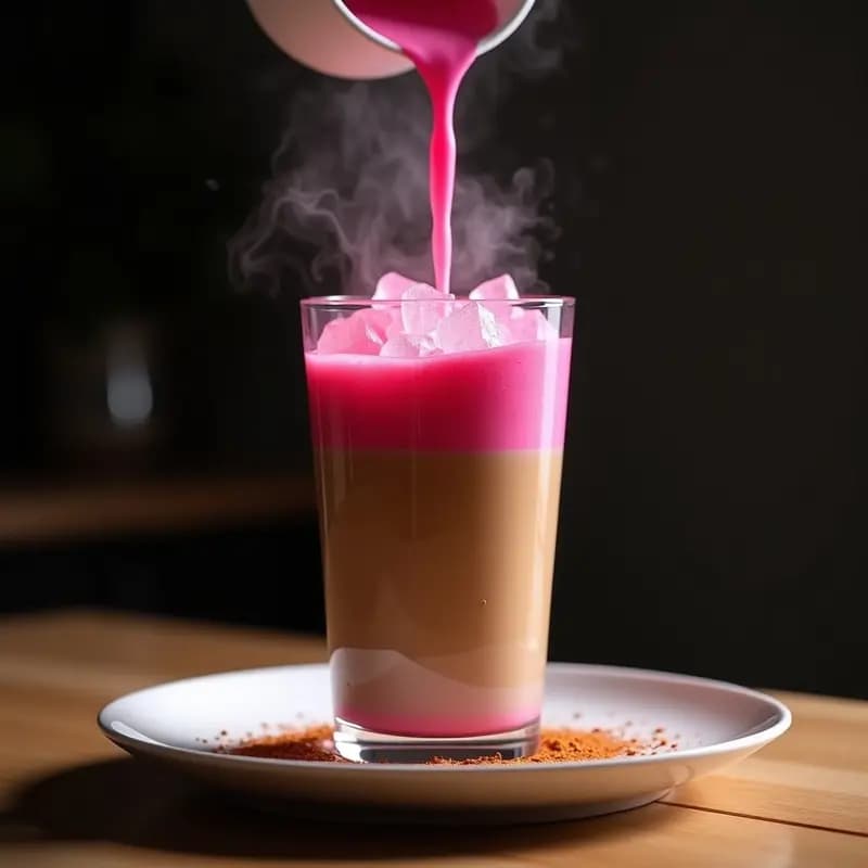 Vaso alto transparente con batido de café y leche de avena de color marrón oscuro, siendo vertido zumo de remolacha rosa con bicarbonato que crea un efecto de cambio de color a rosa vibrante. Hielo picado y una pizca de canela en polvo en la superficie. Fondo oscuro con luz lateral para resaltar los colores.