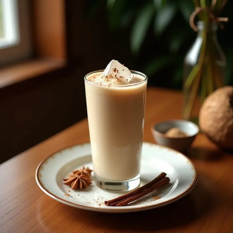 Batido de café helado en vaso transparente con leche de coco, espuma cremosa, hielo picado y decoración de coco rallado tostado y canela en polvo, sobre fondo oscuro con luz natural resaltando los contrastes de color.