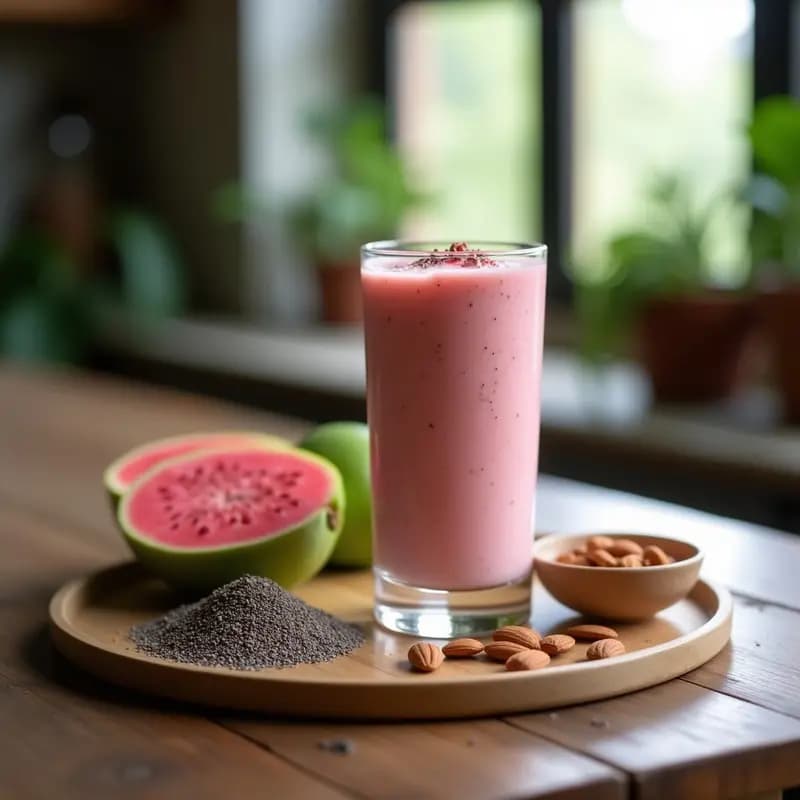 Vaso alto de cristal con batido de camu camu y guayaba de color rosado claro, coronado con semillas de chía y servido sobre una mesa de madera con guayabas frescas y polvo de camu camu al lado. Bebida antioxidante y refrescante.