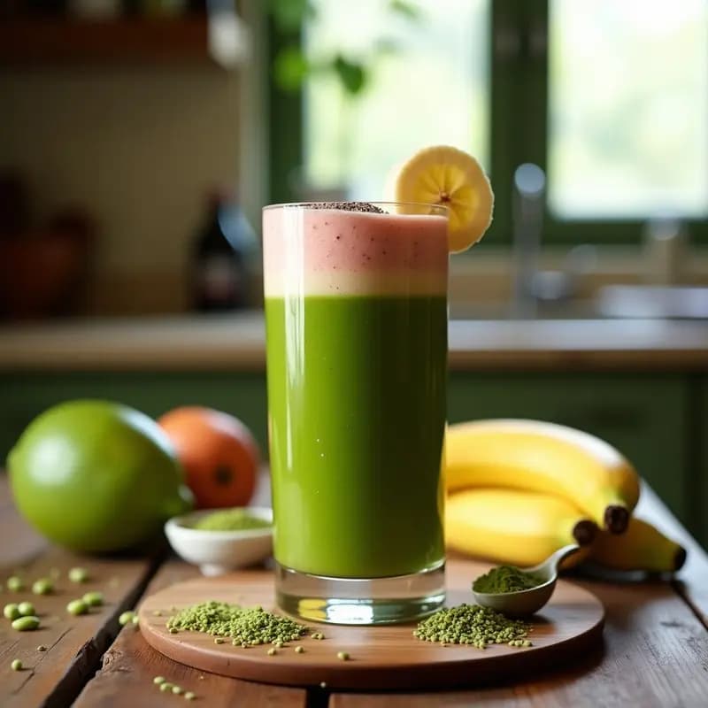 Vaso alto transparente con batido de camu camu y guayaba con espirulina, de color verde intenso con tonos rosados, decorado con rodaja de plátano y semillas de chía, sobre fondo de madera rústica con ingredientes dispersos.