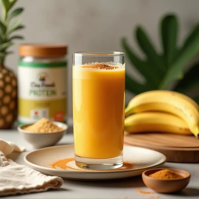 Vaso alto transparente con batido cremoso de color naranja intenso, coronado con un toque de canela en polvo, junto a ingredientes dispersos: un plátano, semillas de lino y un frasco de proteína de guisante. Fondo claro con texturas tropicales suaves.