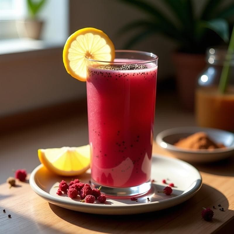 Vaso alto transparente con batido de chía y agua de jamaica, de color rojo intenso y textura cremosa, decorado con semillas de chía y una rodaja de limón. Fondo de encimera rústica con flores de jamaica secas y canela en polvo.