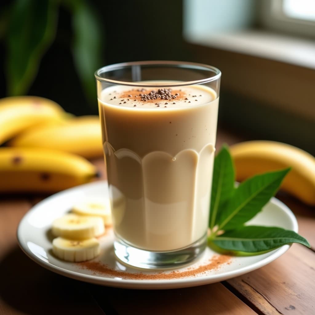 Vaso alto transparente con batido cremoso de color beige claro, decorado con semillas de chia y una pizca de canela. Fondo con hojas de plátano y rodajas de banana fresca, resaltando la bebida energética brasileña de cupuaçu, banana y maca.