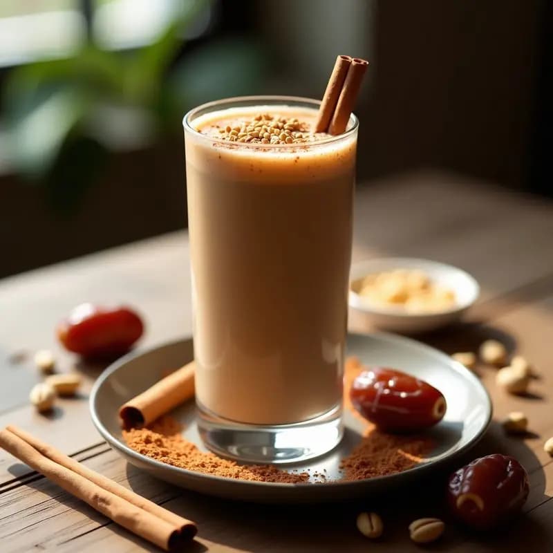 Vaso alto transparente con batido de dátiles y cacahuetes con canela, espolvoreado con semillas de sésamo tostadas. Fondos borrosos de especias árabes y un paño de lino beige. Bebida energética árabe sin lácteos.