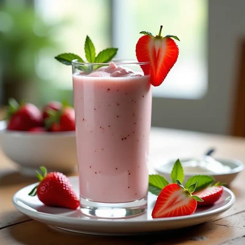 Vaso alto transparente con batido de fresas con yogur natural, de color rosa pálido y textura cremosa, decorado con una rodaja de fresa y hojas de menta fresca. Fondo con fresas enteras y yogur natural en un cuenco de cerámica blanca.