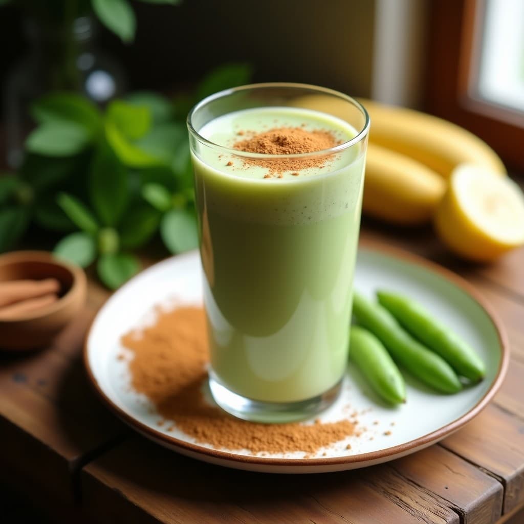 Vaso alto transparente con batido cremoso de color verde claro, decorado con canela en polvo y semillas de lino. Fondo con ervilhas frescas y rodajas de plátano sobre una mesa de madera rústica. Bebida portuguesa alta en fibra.