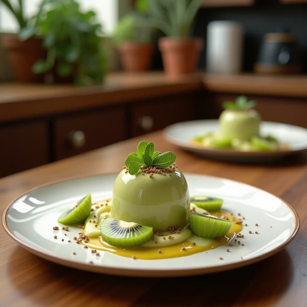 Vaso alto transparente con batido verde vibrante de espinaca, kiwi y jengibre, coronado con semillas de lino dorado. Fondo con hojas de espinaca fresca e ingredientes dispersos: kiwi cortado, jengibre y Thermomix al fondo. Receta detox en Thermomix.