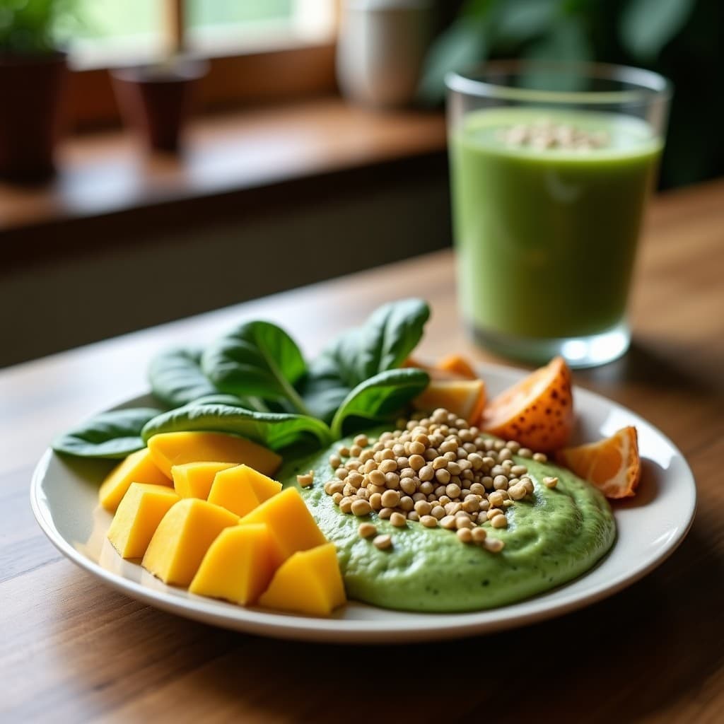 Vaso alto transparente con batido de espinaca, mango y coco con proteína de guisante, de color verde claro con tonos amarillos, decorado con copos de coco y semillas de chía, sobre una mesa de madera con ingredientes al fondo.