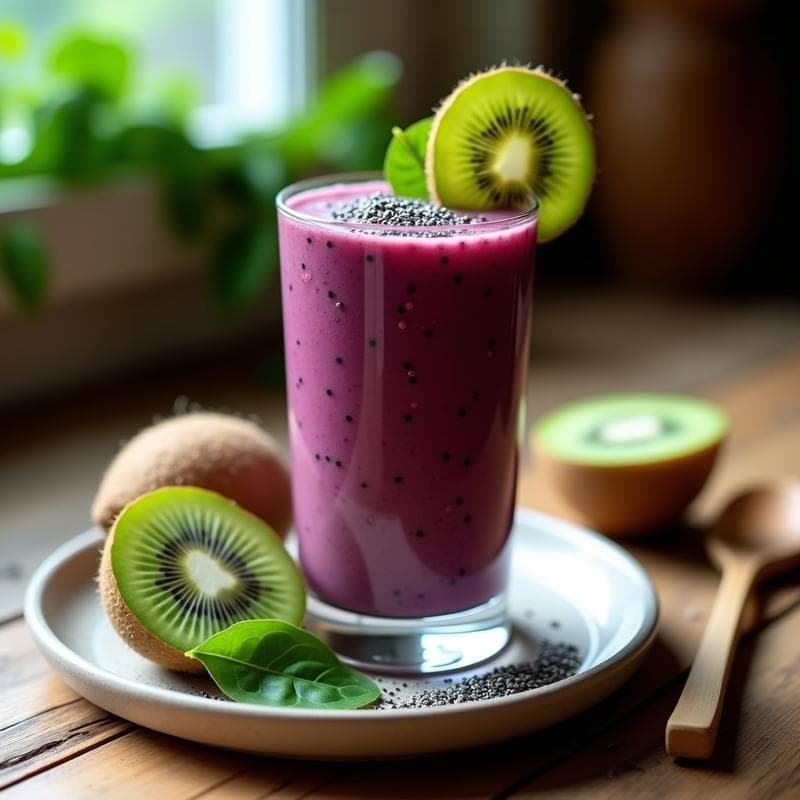 Vaso transparente con batido de color morado intenso, resultado de mezclar espinacas moradas, kiwi verde y semillas de chía. El batido está decorado con una rodaja de kiwi y semillas de chía espolvoreadas en la superficie. Fondo de encimera de madera con ingredientes frescos al lado: espinacas moradas, kiwi cortado y una cuchara de semillas de chía.