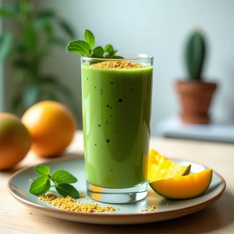 Vaso alto de cristal con batido verde azulado de espirulina y mango, coronado con semillas de lino dorado y una pizca de espirulina en polvo, sobre fondo claro con hojas de menta fresca y rodajas de mango.