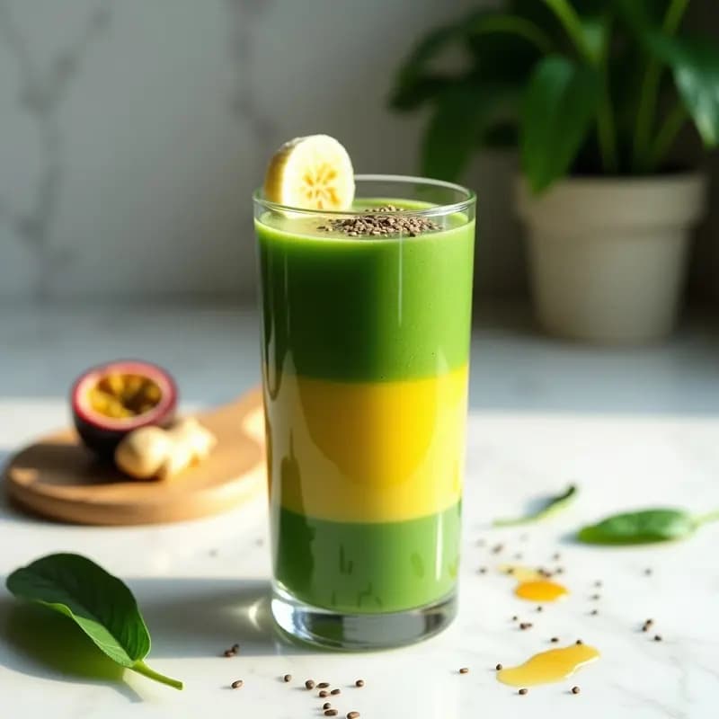 Vaso alto transparente con batido verde vibrante de espirulina, maracuyá y jengibre, decorado con semillas de chía y una rodaja de limón. Bebida tropical alta en antioxidantes, servida con pajita de bambú sobre fondo claro.