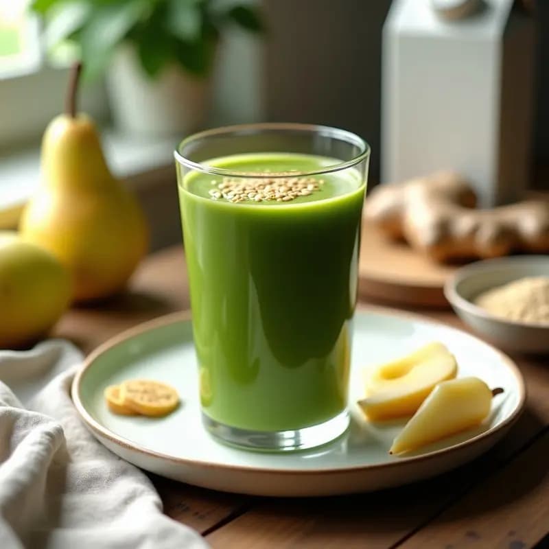Vaso alto transparente con batido verde esmeralda de espirulina y pera, coronado con una rodaja de jengibre y semillas de lino, sobre una mesa de madera con ingredientes frescos al fondo.