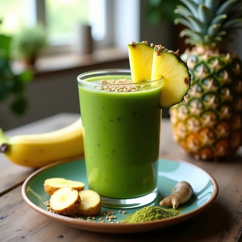Vaso alto transparente con batido verde esmeralda de espirulina y piña, decorado con una rodaja de piña y semillas de lino. Fondo de cocina natural con ingredientes dispersos: plátano, jengibre y espirulina en polvo.