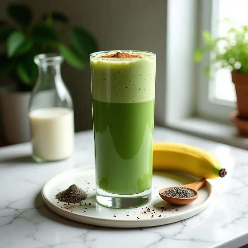 Vaso alto transparente con batido de espirulina, plátano y leche de hemp, de color verde esmeralda con espuma cremosa en la superficie. Decorado con una pizca de canela y una rodaja de plátano sobre el borde. Fondo con ingredientes dispersos: plátano, semillas de chía y una cucharada de espirulina en polvo.