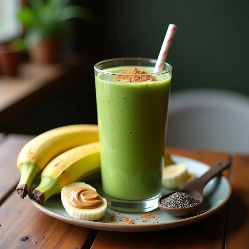 Vaso alto transparente con batido verde cremoso de espirulina, plátano y mantequilla de almendras, decorado con semillas de chía y canela, sobre fondo de madera con ingredientes dispersos: plátano, cucharada de mantequilla de almendras y espirulina en polvo.