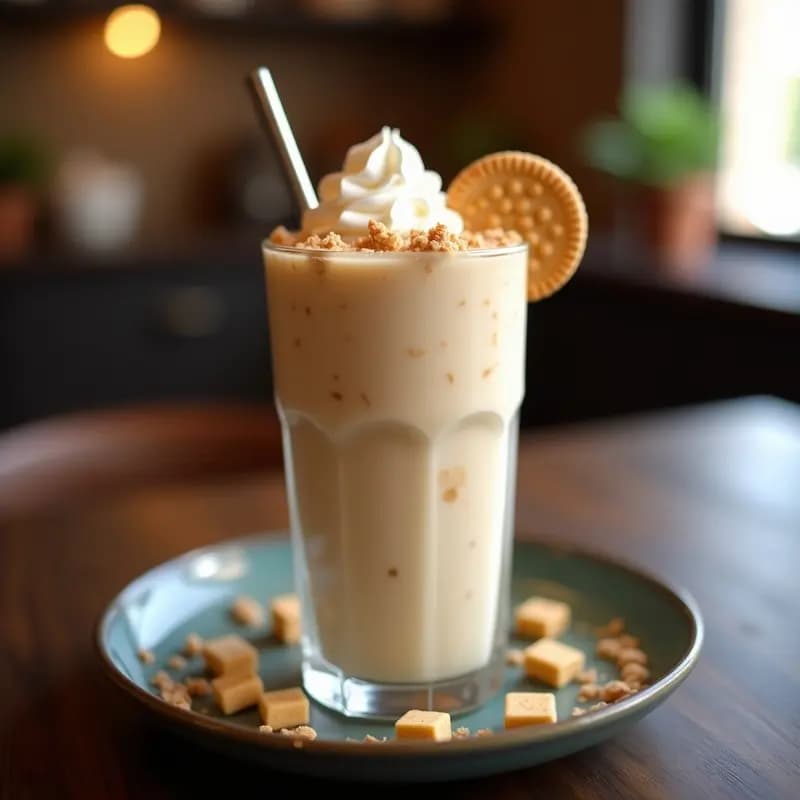 Vaso alto transparente lleno de batido espeso de color beige con trozos de galletas María, nubes de azúcar blancas y helado de vainilla cremoso. Decorado con una galleta María entera y nata montada en el borde. Fondo borroso de cocina con luz cálida.