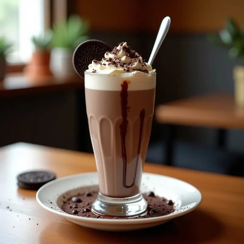 Vaso alto de cristal frío con batido espeso de color marrón oscuro, decorado con sirope de chocolate en espiral, virutas de chocolate negro, una galleta Oreo entera en el borde y nata montada. Fondo borroso con cuchara metida en el batido y gotas de Nutella en el vaso.