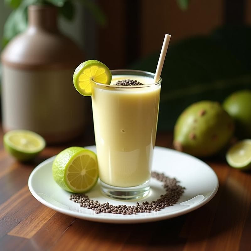 Vaso alto transparente con batido de guanábana y coco, color crema con semillas de chía visibles, decorado con coco rallado y una rodaja de limón al borde. Fondo tropical con hojas verdes y luz natural.