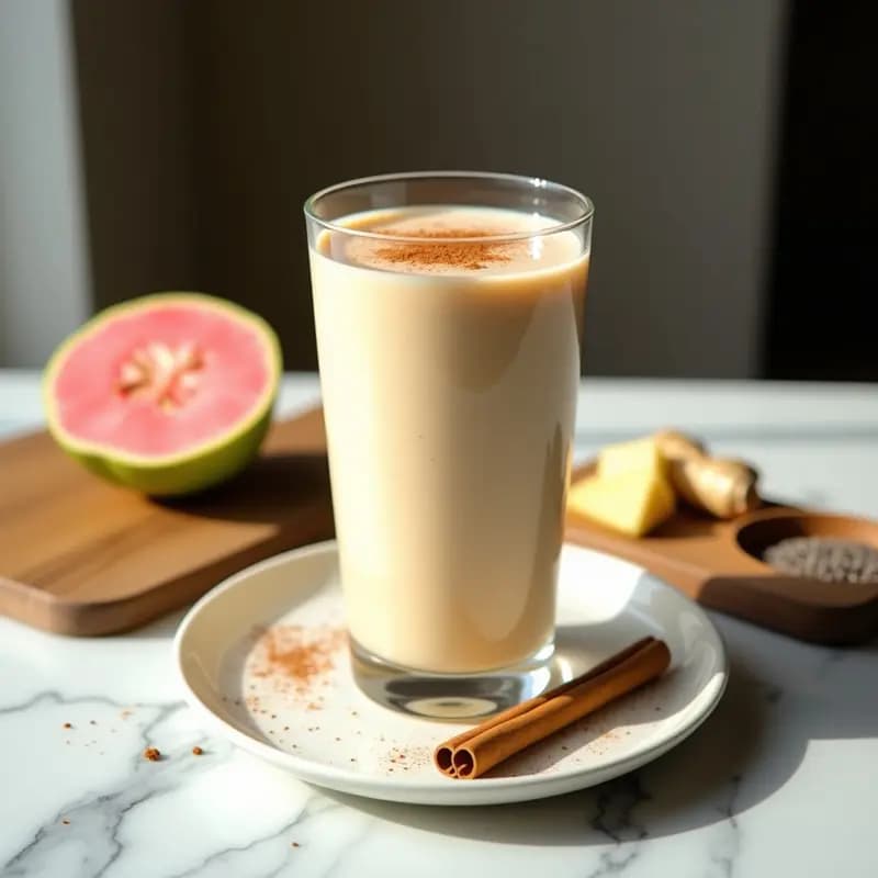 Vaso alto transparente con batido cremoso de color beige claro, decorado con una pizca de canela en polvo en la superficie. Al fondo, ingredientes como una guayaba abierta, semillas de chía y una rama de canela sobre una tabla de madera rústica. Luz natural que resalta los colores vibrantes de la bebida ayurvédica para el sistema inmunológico.
