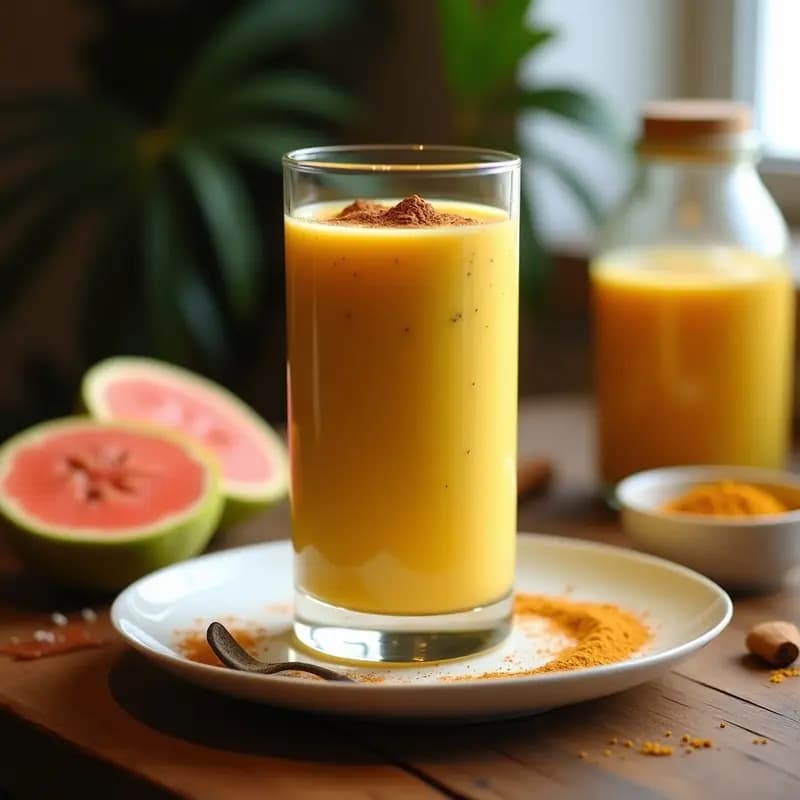 Vaso alto transparente con batido cremoso de guayaba y chía, color amarillento por la cúrcuma, decorado con una pizca de canela y semillas de chía en la superficie, fondo rústico con ingredientes dispersos.