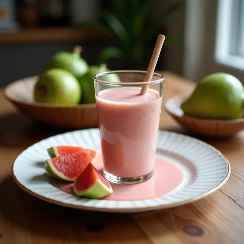 Vaso alto transparente con batido cremoso de color rosado, coronado con una pizca de canela y semillas de lino. Al fondo, trozos de guayaba fresca y una botella de kéfir de coco. Receta de batido de guayaba y kéfir de coco sin lácteos.