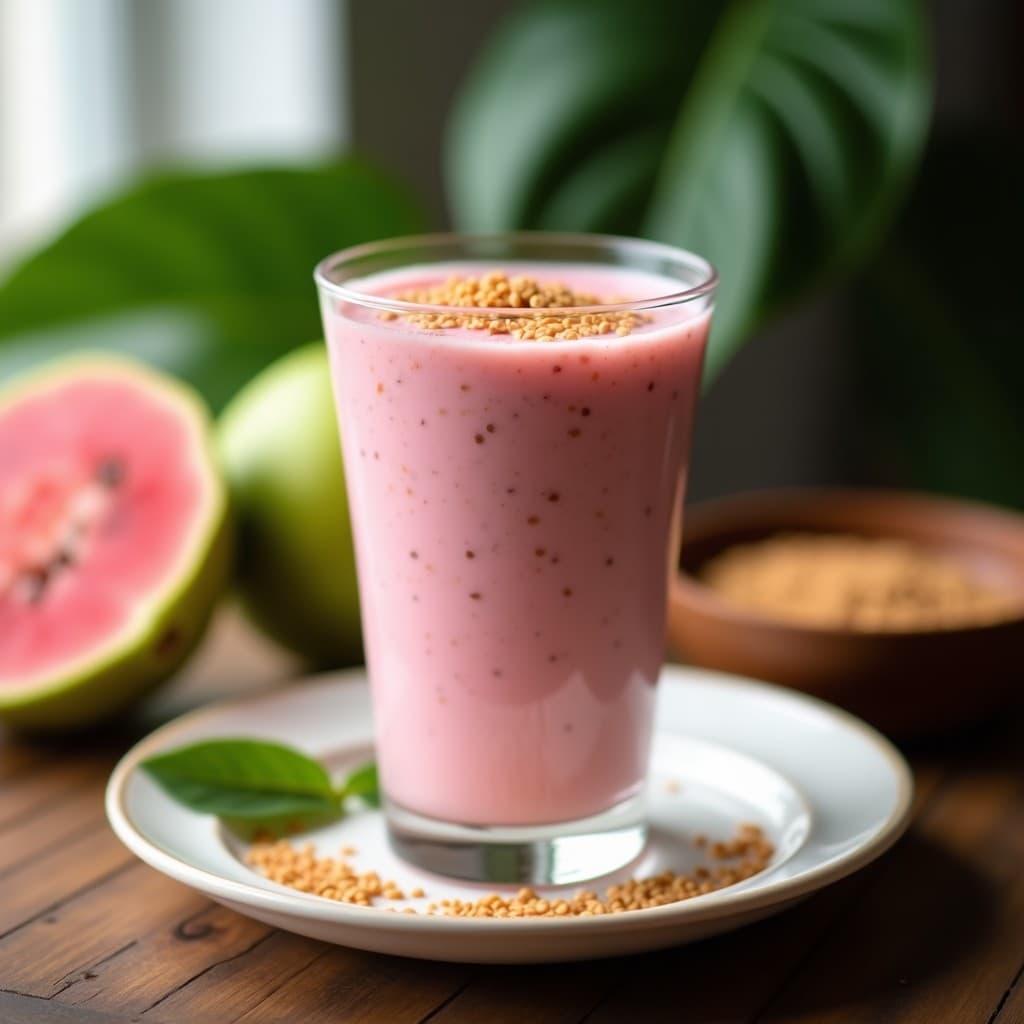 Vaso alto transparente con batido de guayaba y linaza con yogur de soja, de color crema rosáceo, decorado con semillas de linaza dorada y una pizca de canela. Fondo rústico con hoja de guayaba al lado.