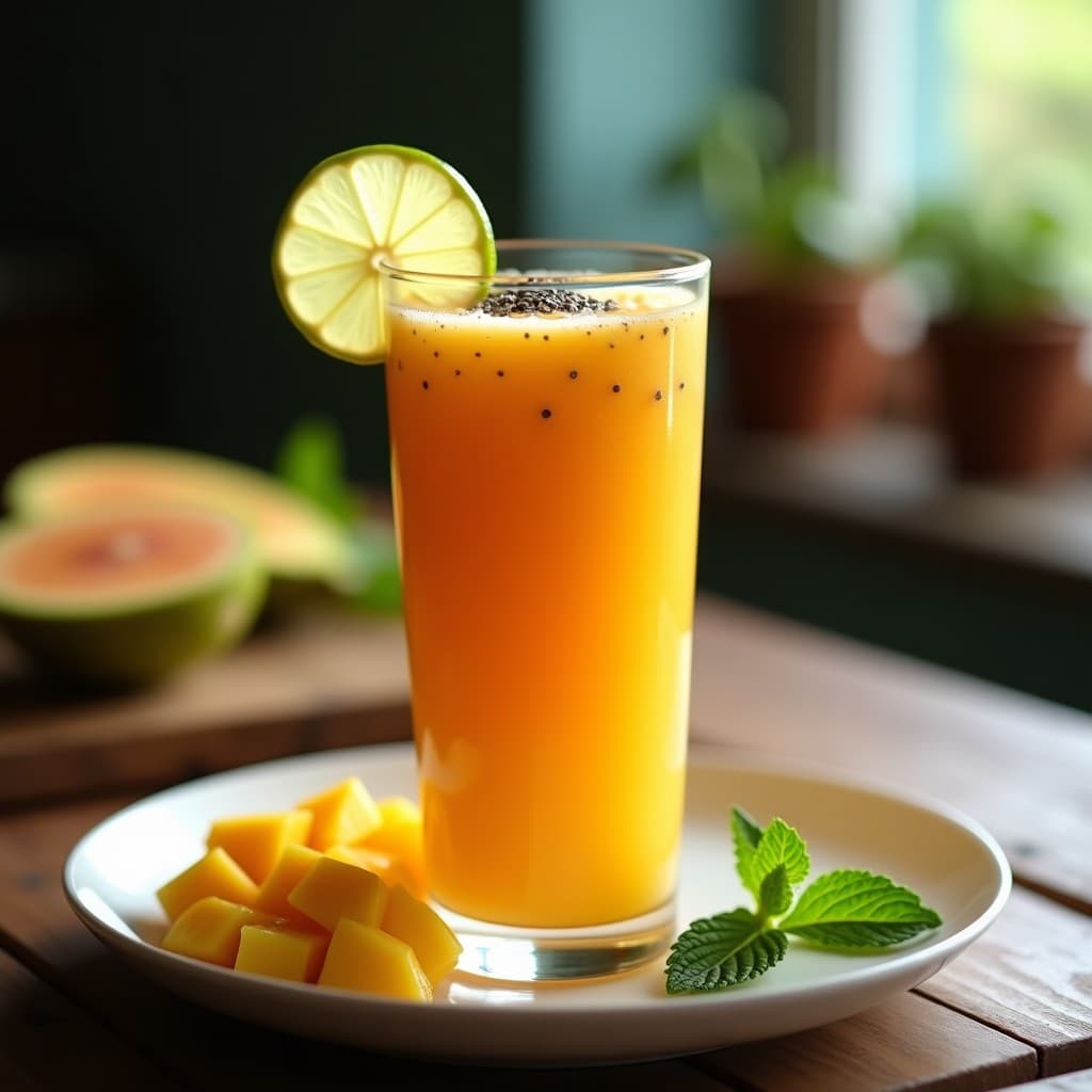 Vaso alto transparente con batido de guayaba y mango con jengibre, color naranja vibrante, decorado con semillas de chía y una rodaja de limón, sobre fondo de madera rústica con hojas de menta.