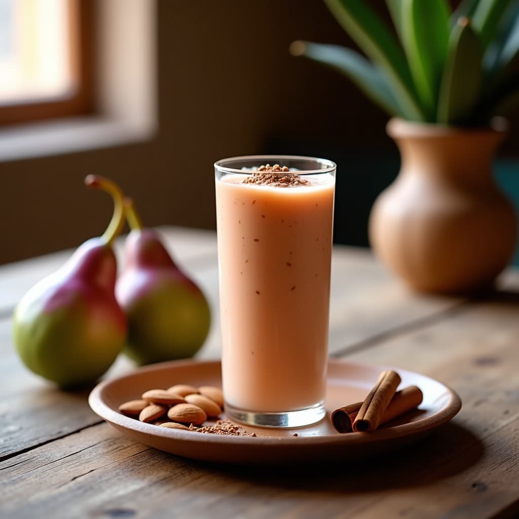 Vaso alto de cristal con Batido de Higo Chumbo y Almendras con Canela, de color rosado pálido con vetas verdes, decorado con almendras fileteadas y una pizca de canela en polvo. Fondo con textura de madera rústica y higos chumbos enteros al lado.