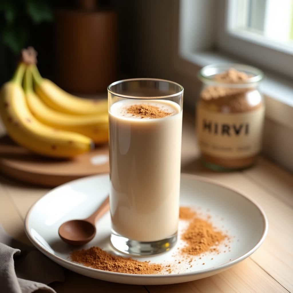 Vaso alto transparente con batido cremoso de color beige claro, decorado con una pizca de canela en polvo y semillas de lino dorado sobre la superficie. Al fondo, plátanos maduros y un tarro de harina de hirvi. Imagen de bebida finlandesa reconfortante y energética.
