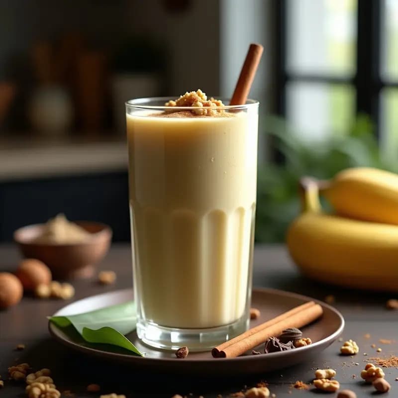 Vaso alto de cristal con batido cremoso de color beige dorado, coronado con espolvoreado de canela y coco rallado. Al fondo, especias chai y trozos de jackfruit maduro sobre una superficie de madera oscura. Bebida vegana india alta en fibra.