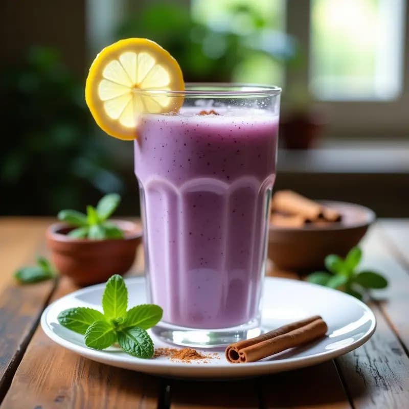 Vaso alto transparente con batido de kéfir de agua y bayas de saúco, espumoso y de color morado claro, decorado con una rodaja de limón y una pizca de canela en polvo, sobre una mesa de madera rústica con hierbas frescas al fondo.