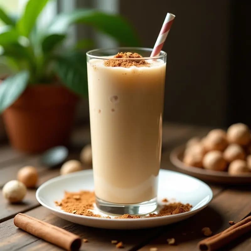 Vaso alto transparente con batido de color crema dorado, espeso y homogéneo, decorado con avellanas picadas y una pizca de canela en polvo. Fondo con ingredientes: lúcuma en polvo, avellanas enteras y plátano maduro sobre una tabla de madera rústica.