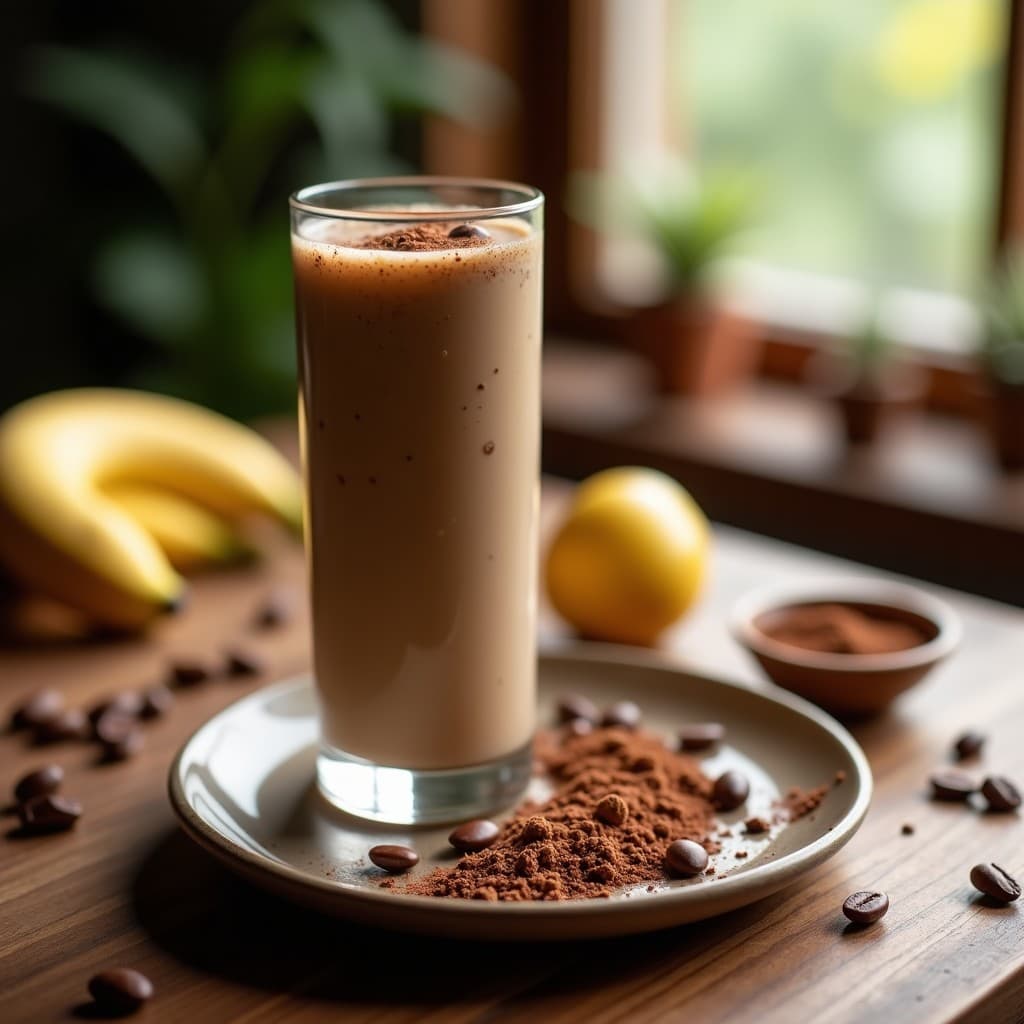 Vaso alto transparente con batido espumoso de color marrón claro, decorado con semillas de sacha inchi y espolvoreado de cacao criollo en polvo. Fondo con ingredientes dispersos: pulpa de lúcuma, granos de cacao y plátano. Desayuno andino superalimento.